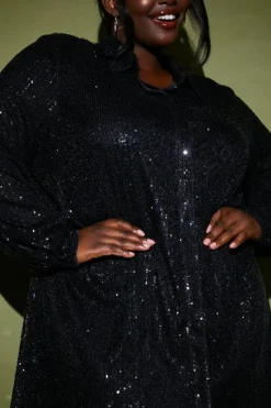 Black Sequin Oversized Shirt Dress