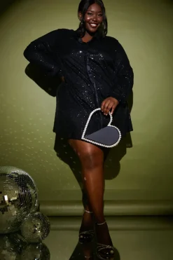 Black Sequin Oversized Shirt Dress