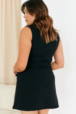 Black Structured Plunge Front Sleeveless Mini Dress