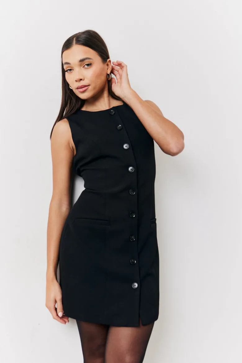 Black Tailored Button Through Mini Dress