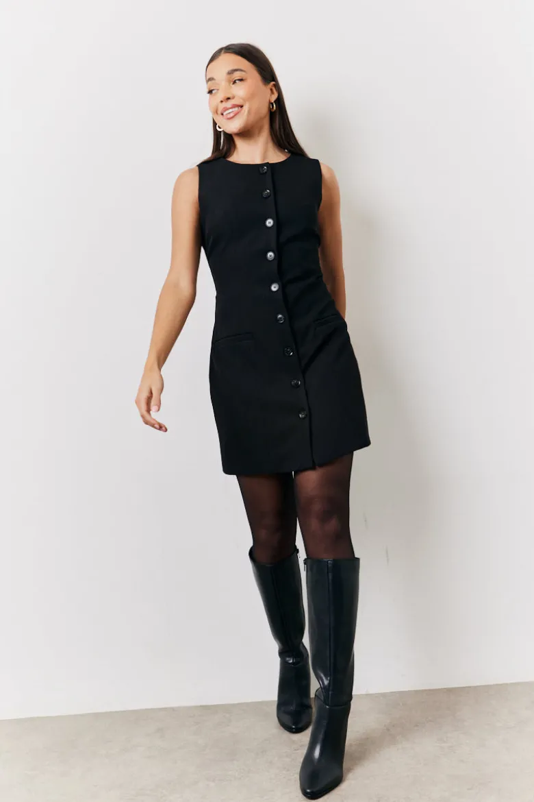 Black Tailored Button Through Mini Dress