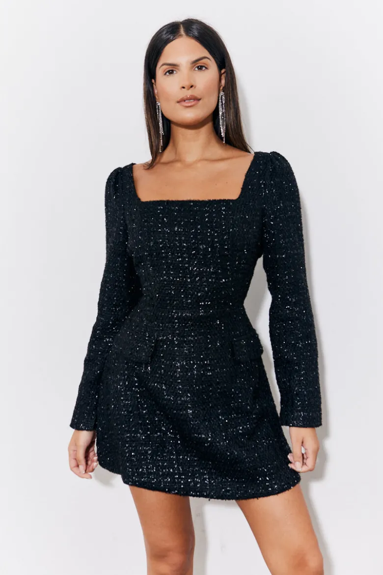 Black Tweed Fit and Flare Mini Dress