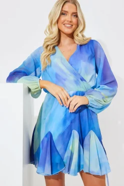 Blue Abstract Print Chiffon Wrap Godet Frill Mini Dress