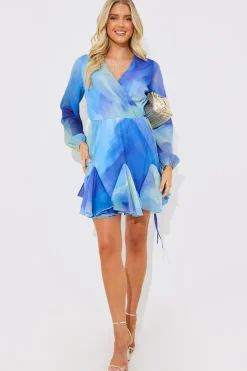 Blue Abstract Print Chiffon Wrap Godet Frill Mini Dress