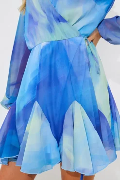 Blue Abstract Print Chiffon Wrap Godet Frill Mini Dress