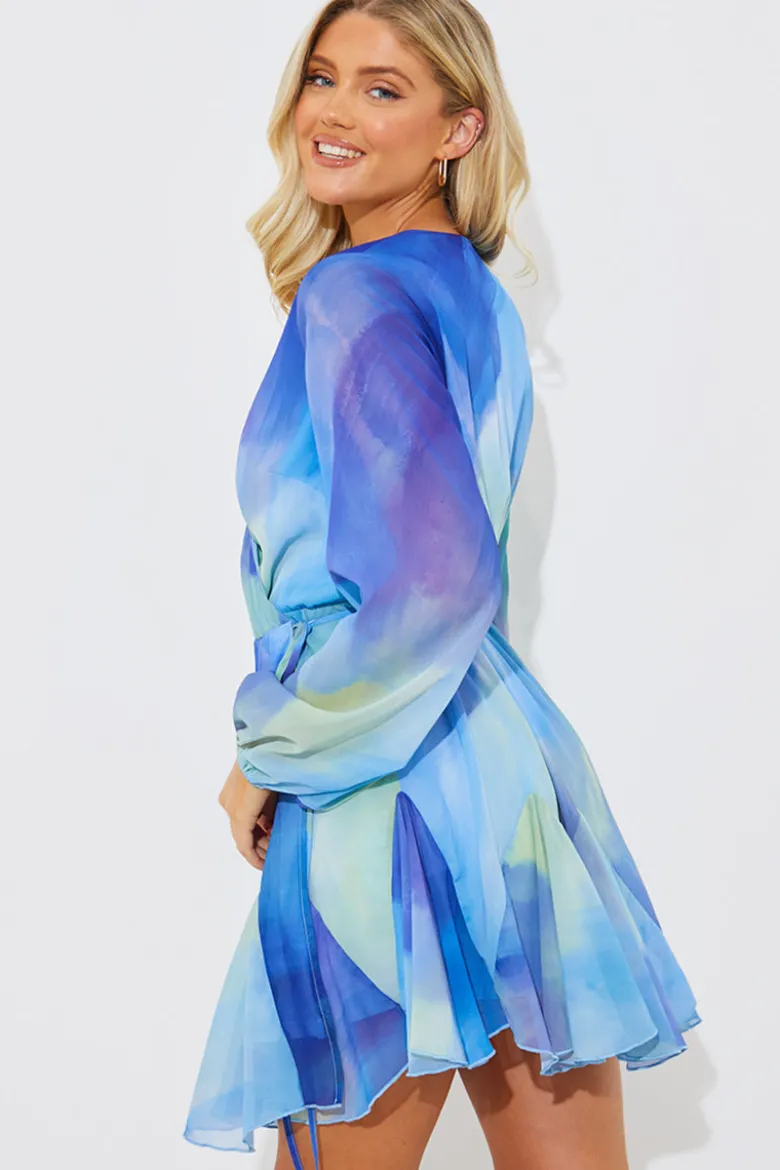 Blue Abstract Print Chiffon Wrap Godet Frill Mini Dress