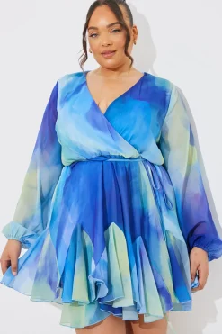 Blue Abstract Print Chiffon Wrap Godet Frill Mini Dress