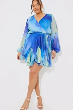 Blue Abstract Print Chiffon Wrap Godet Frill Mini Dress