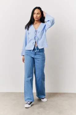 Blue Gingham Seersucker Tie Front Blouse