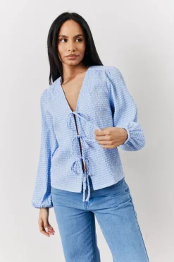 Blue Gingham Seersucker Tie Front Blouse