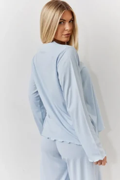 Blue Lettuce Hem Slogan Long Sleeve Top and Trouser PJ Set