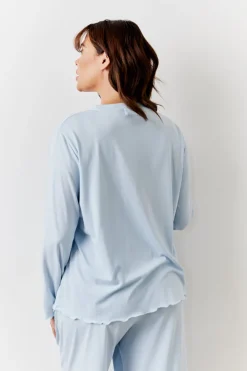 Blue Lettuce Hem Slogan Long Sleeve Top and Trouser PJ Set