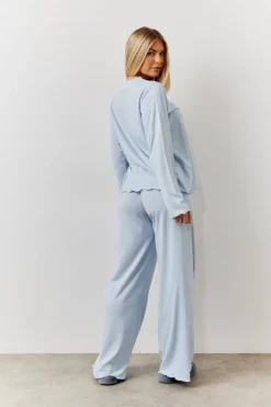 Blue Lettuce Hem Slogan Long Sleeve Top and Trouser PJ Set