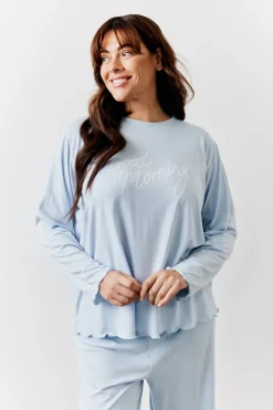 Blue Lettuce Hem Slogan Long Sleeve Top and Trouser PJ Set