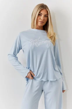 Blue Lettuce Hem Slogan Long Sleeve Top and Trouser PJ Set