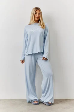 Blue Lettuce Hem Slogan Long Sleeve Top and Trouser PJ Set