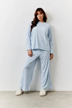 Blue Lettuce Hem Slogan Long Sleeve Top and Trouser PJ Set