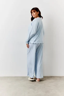 Blue Lettuce Hem Slogan Long Sleeve Top and Trouser PJ Set