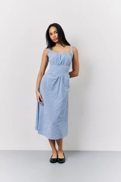 Blue Seersucker Gingham Milkmaid Midaxi Dress
