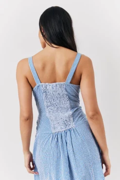 Blue Seersucker Gingham Milkmaid Midaxi Dress