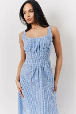 Blue Seersucker Gingham Milkmaid Midaxi Dress