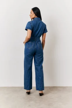 Blue Short Sleeve Denim Jumpsuit
