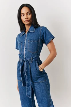 Blue Short Sleeve Denim Jumpsuit