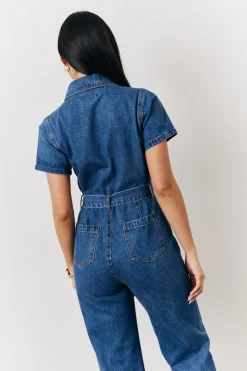 Blue Short Sleeve Denim Jumpsuit