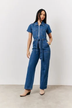 Blue Short Sleeve Denim Jumpsuit