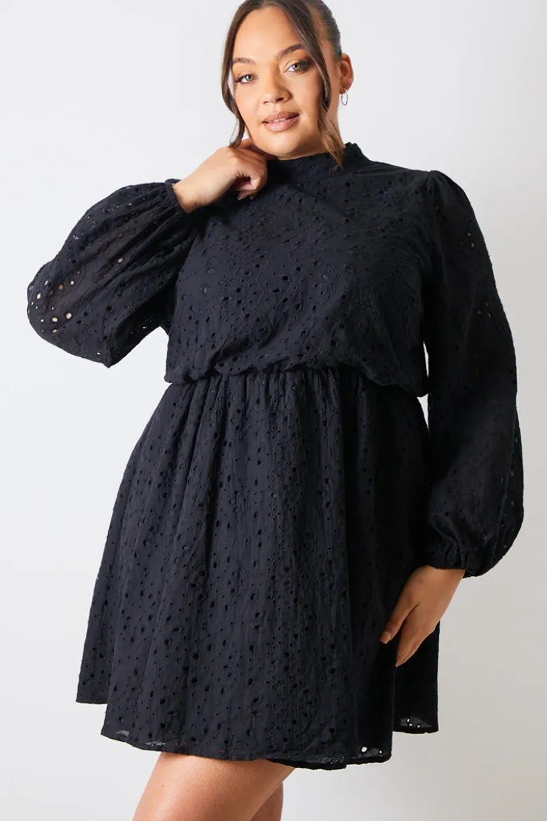 Broderie High Neck Frill Hem Mini Dress