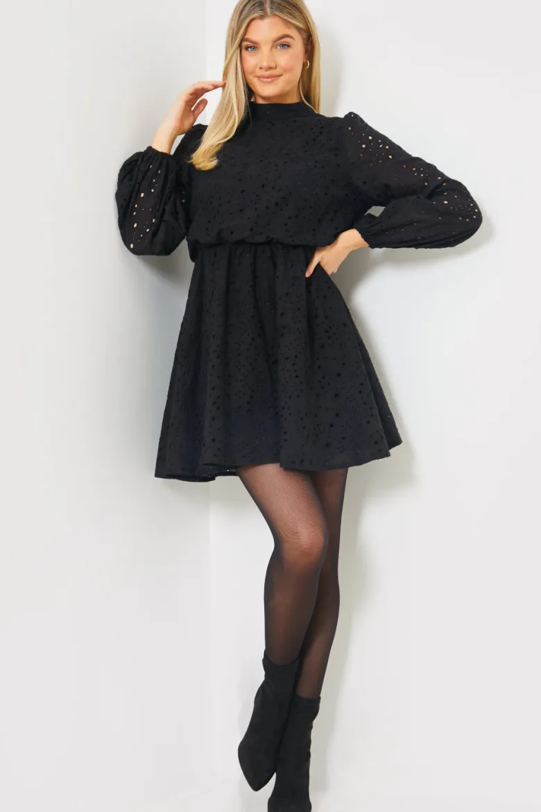 Broderie High Neck Frill Hem Mini Dress