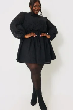 Broderie High Neck Frill Hem Mini Dress