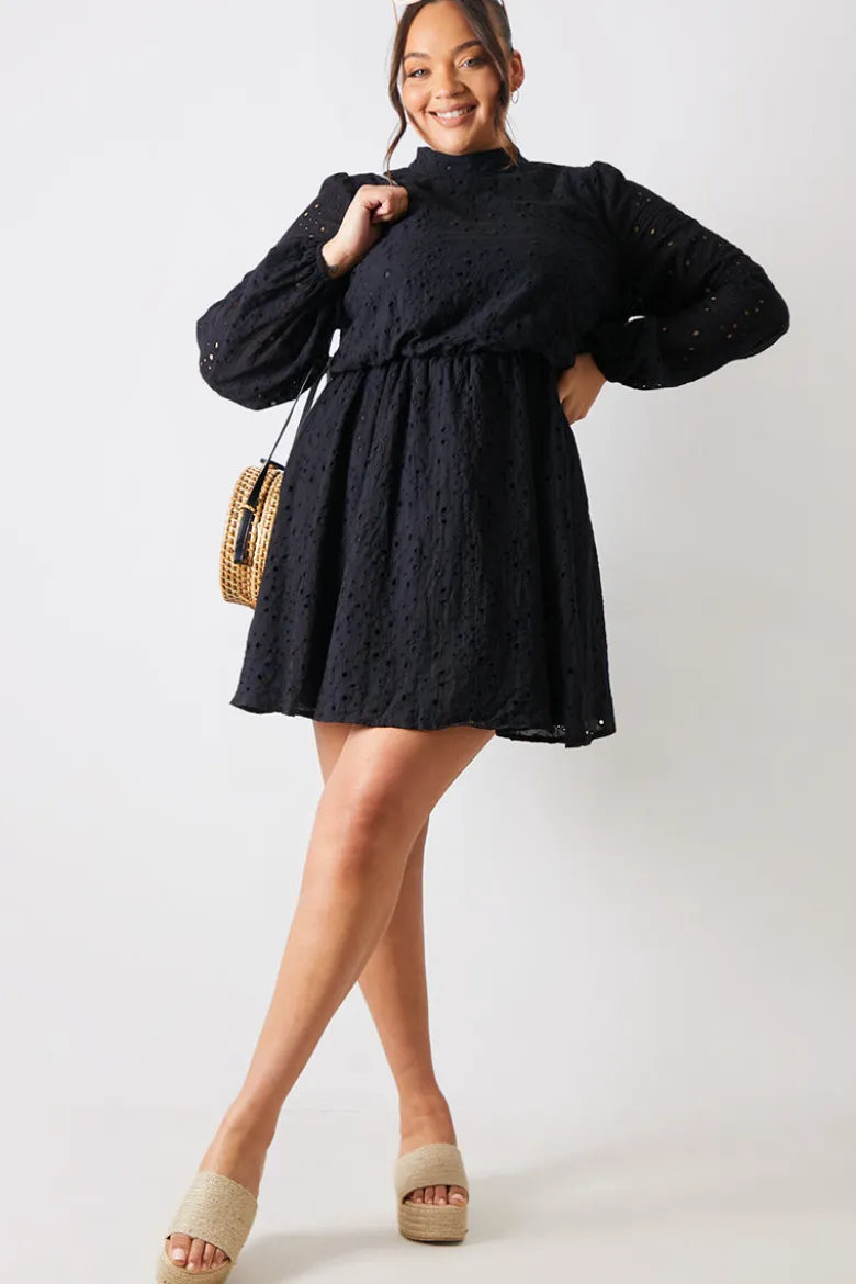 Broderie High Neck Frill Hem Mini Dress