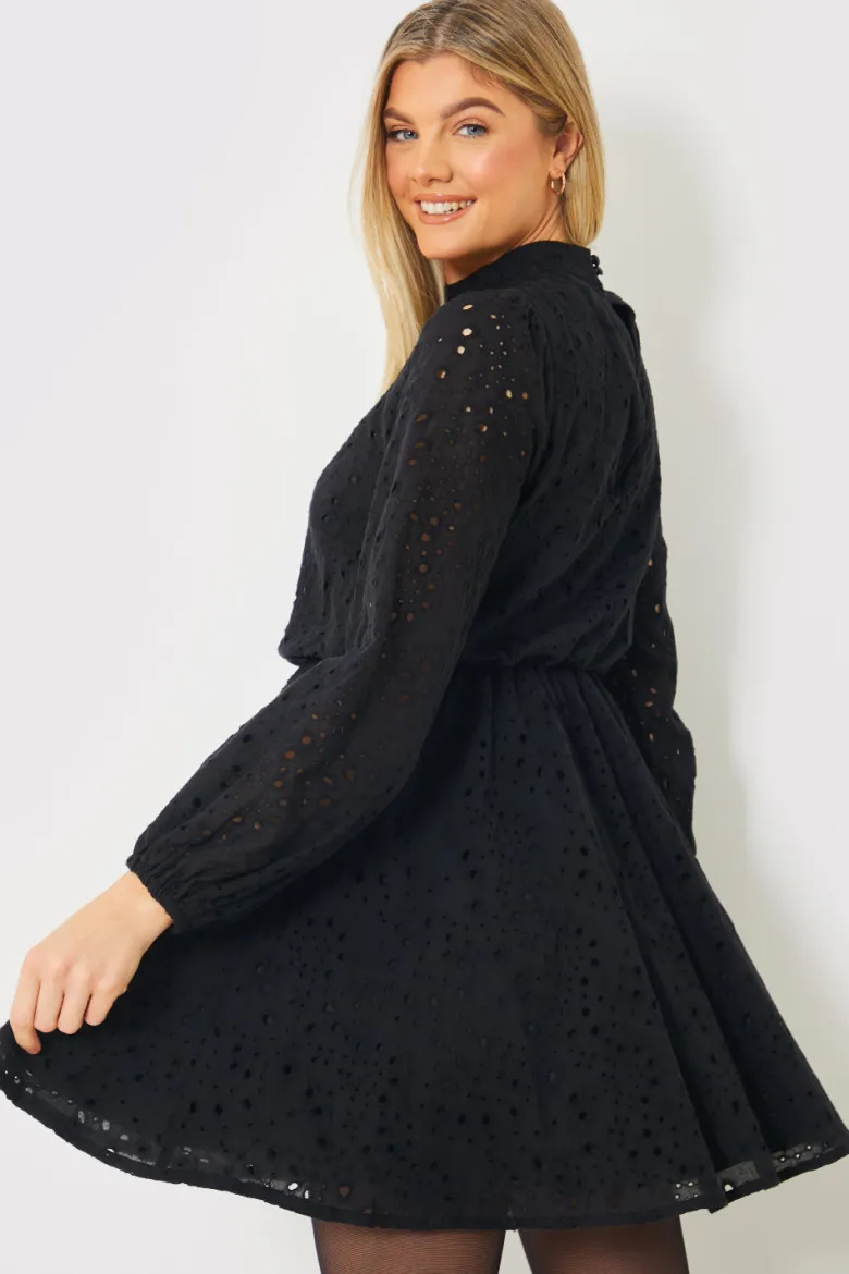 Broderie High Neck Frill Hem Mini Dress