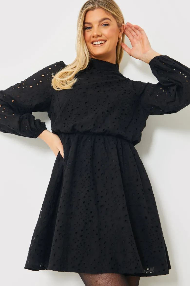 Broderie High Neck Frill Hem Mini Dress