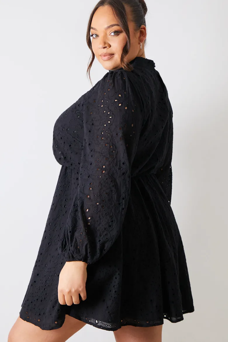 Broderie High Neck Frill Hem Mini Dress