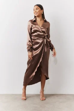 Bronze Liquid Satin Wrap Midaxi Dress