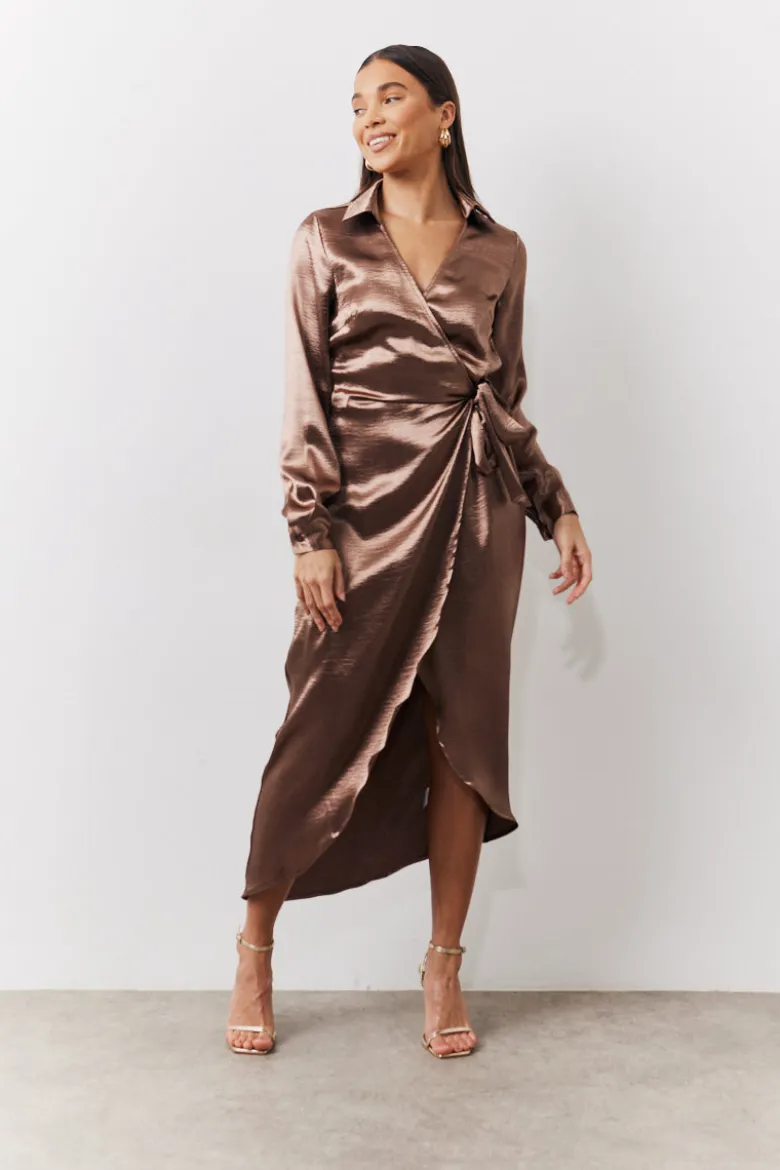 Bronze Liquid Satin Wrap Midaxi Dress