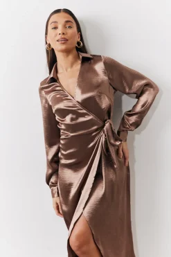 Bronze Liquid Satin Wrap Midaxi Dress