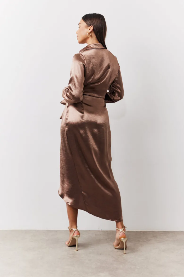 Bronze Liquid Satin Wrap Midaxi Dress