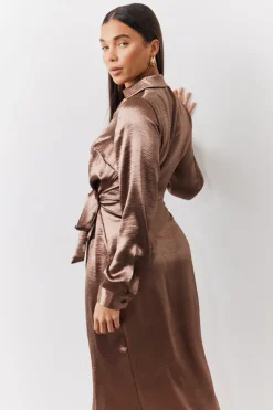 Bronze Liquid Satin Wrap Midaxi Dress