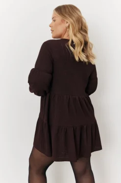Brown Textured Tie Front Detail Smock Dress