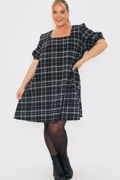 Brushed Check Balloon Sleeve Swing Dress