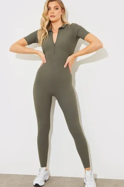 Built-In Bra Half Zip Short Sleeve Sculpt and Control Unitard