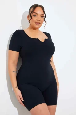 Built-In Bra Notched Neck Short Sleeve Sculpt and Control Short Unitar