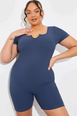 Built-In Bra Notched Neck Short Sleeve Sculpt and Control Short Unitar