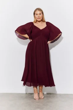 Burgundy Chiffon Angel Sleeve Midaxi Dress
