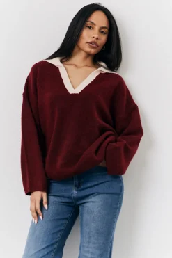 Burgundy 90's Collared Knitted Rugby Sweater