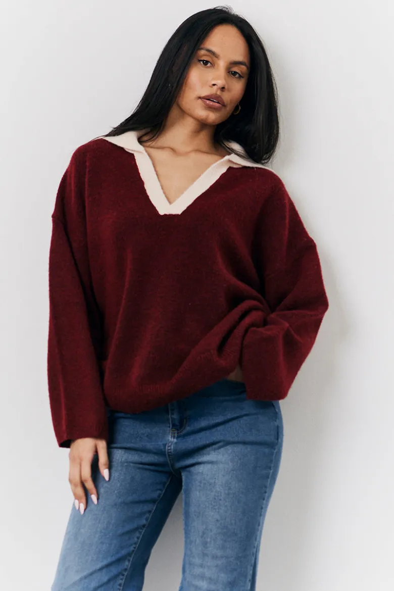 Burgundy 90's Collared Knitted Rugby Sweater