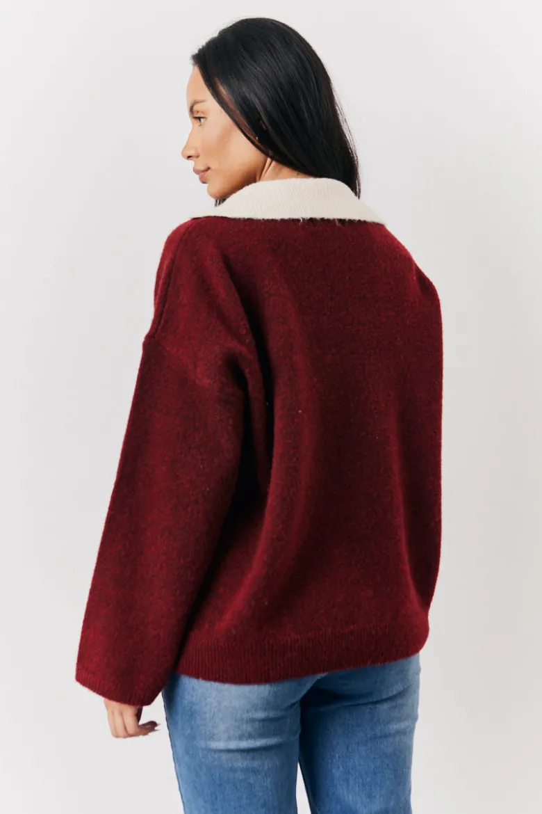 Burgundy 90's Collared Knitted Rugby Sweater